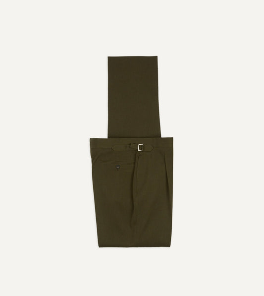 Drake's Olive Wool-Cotton Single Pleat Trouser