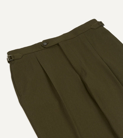 Drake's Olive Wool-Cotton Single Pleat Trouser