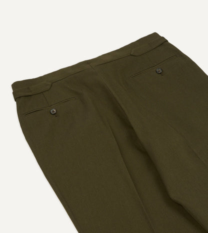 Drake's Olive Wool-Cotton Single Pleat Trouser