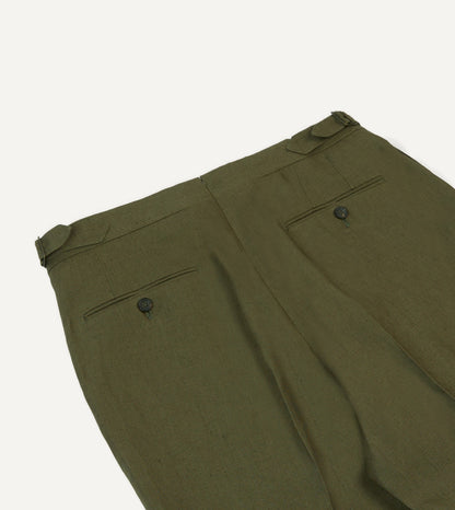 Drake's Olive Irish Linen Single Pleat Trouser