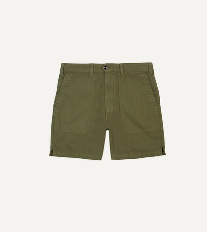Drake's Olive Cotton-Linen Herringbone Fatigue Shorts