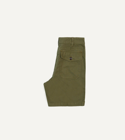 Drake's Olive Cotton-Linen Herringbone Fatigue Shorts