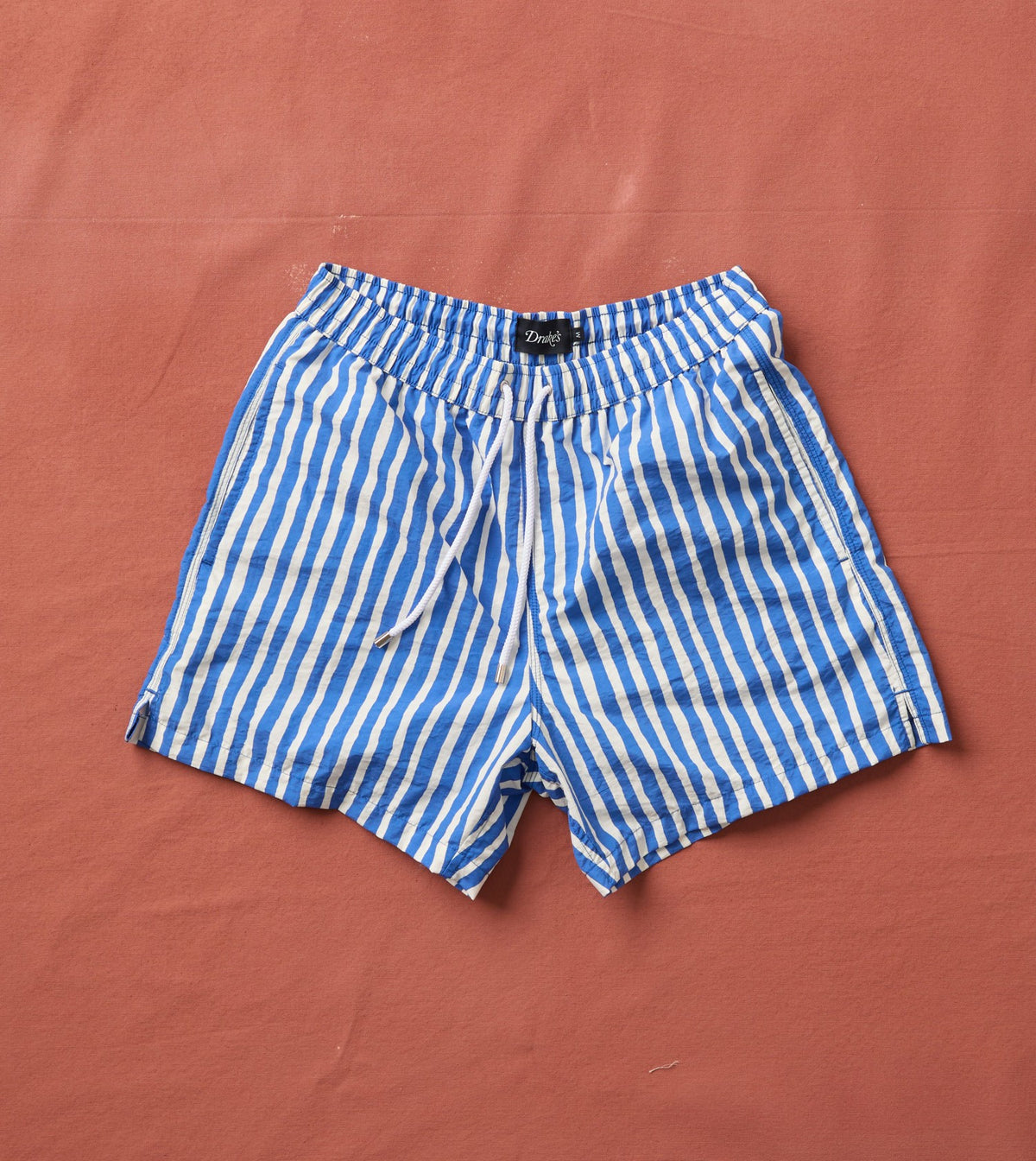 Drake's Blue Stripe Print Nylon Drawstring Swim Shorts