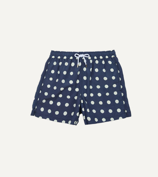 Drake's Navy Polka Dot Print Nylon Drawstring Swim Shorts