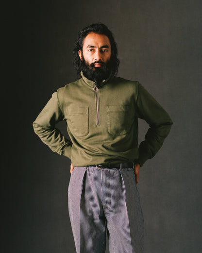 Drake's Khaki Green Cotton Quarter Zip Collared Sweatshirt