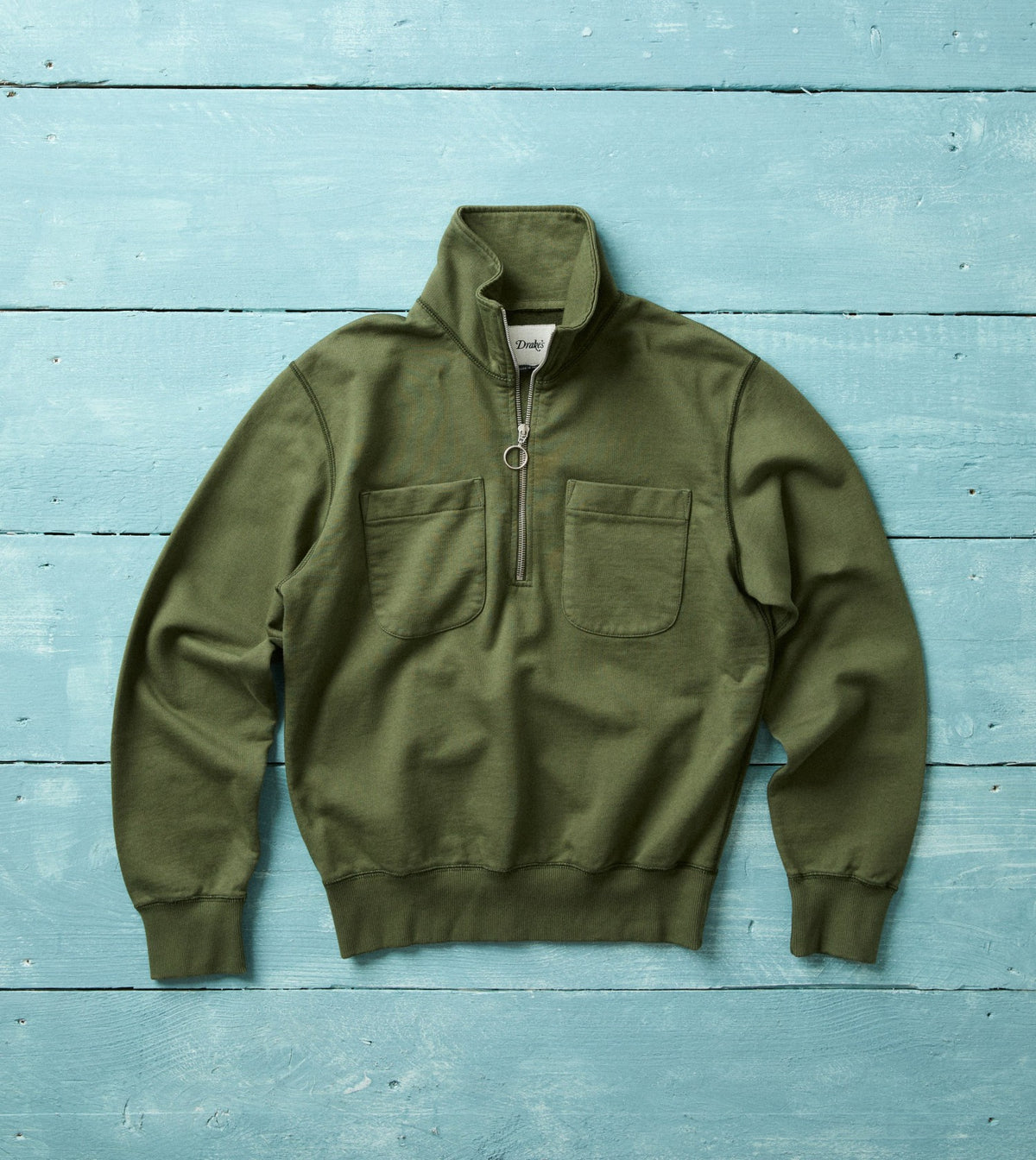 Drake's Khaki Green Cotton Quarter Zip Collared Sweatshirt