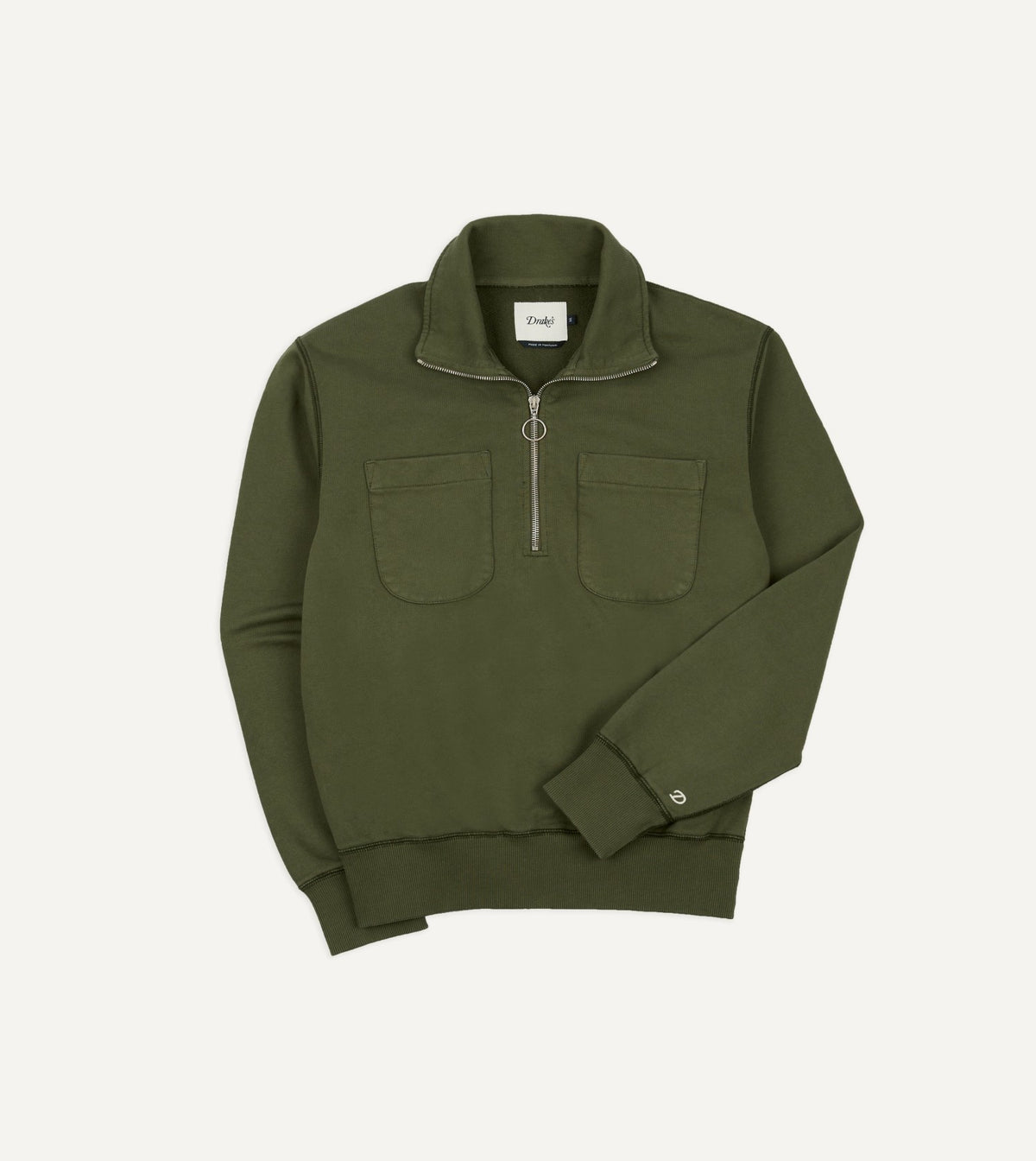 Drake's Khaki Green Cotton Quarter Zip Collared Sweatshirt