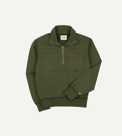 Drake's Khaki Green Cotton Quarter Zip Collared Sweatshirt