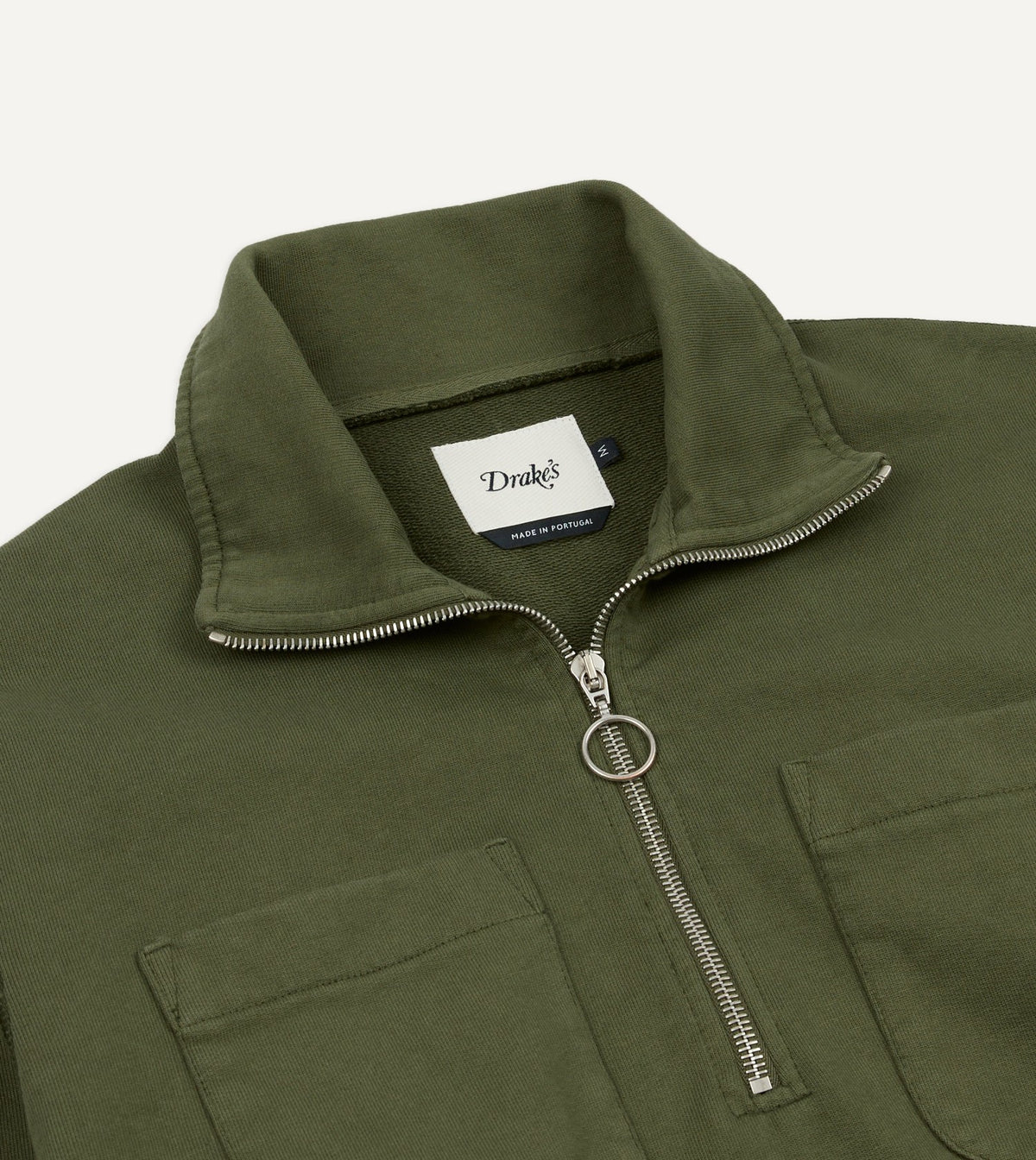 Drake's Khaki Green Cotton Quarter Zip Collared Sweatshirt