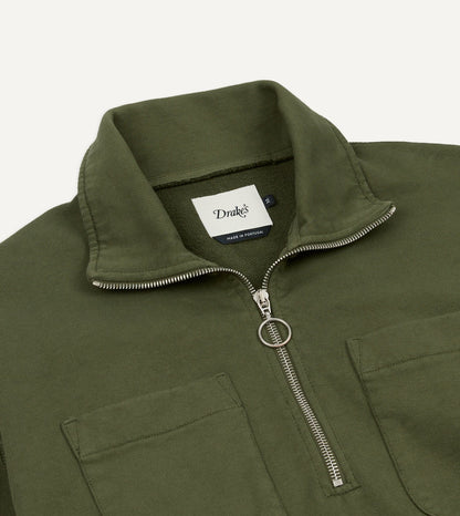 Drake's Khaki Green Cotton Quarter Zip Collared Sweatshirt