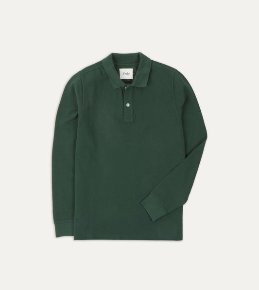 Drake's Green Pique Cotton Long-Sleeve Polo Shirt