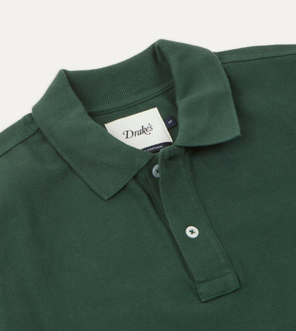 Drake's Green Pique Cotton Long-Sleeve Polo Shirt