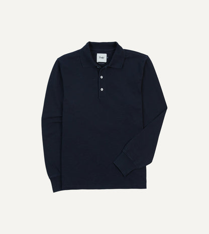 Drake's Navy Pique Cotton Long-Sleeve Polo Shirt