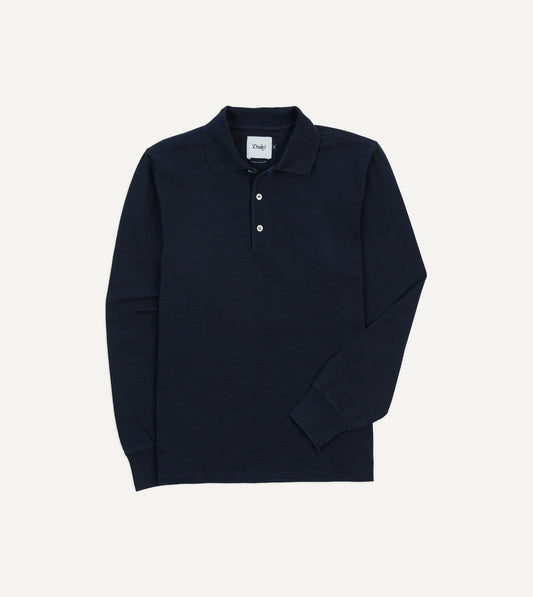 Drake's Navy Pique Cotton Long-Sleeve Polo Shirt
