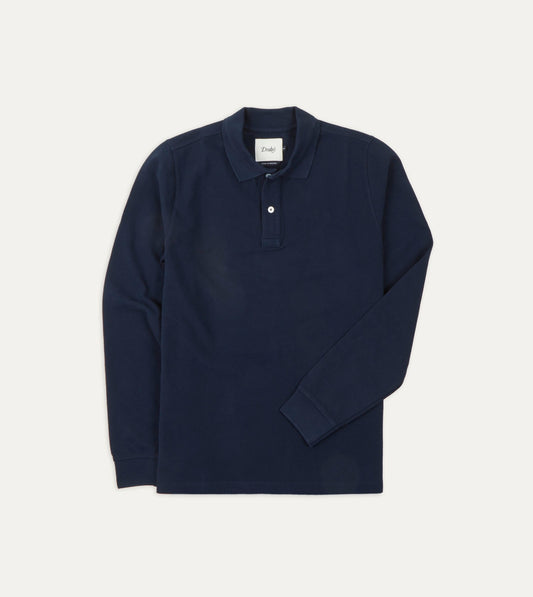 Drake's Light Navy Pique Cotton Long-Sleeve Polo Shirt