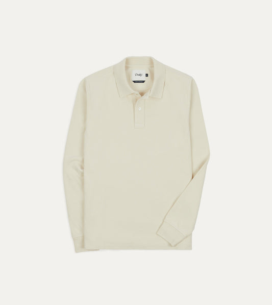 Drake's Ecru Pique Cotton Long-Sleeve Polo Shirt