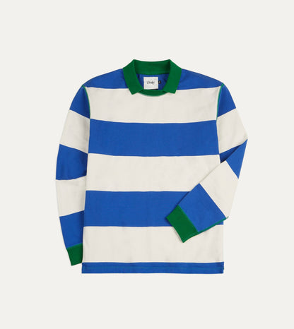 Drake's Blue and White Wide Stripe Mock Collar Long-Sleeve Jersey