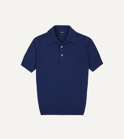 Drake's Blue Knitted Crepe Cotton Short-Sleeve Polo Shirt