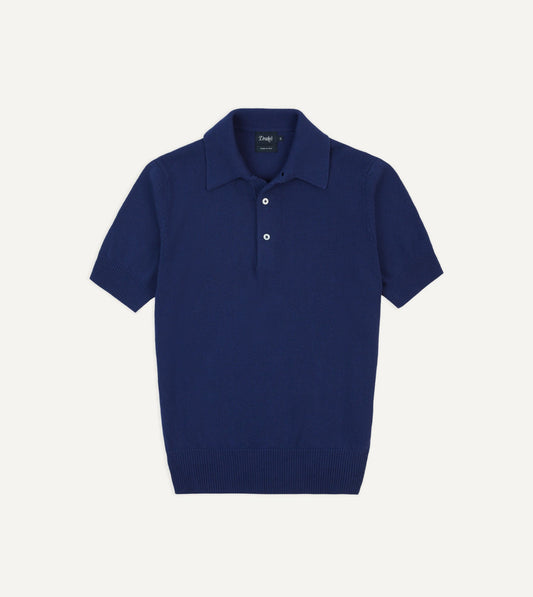 Drake's Blue Knitted Crepe Cotton Short-Sleeve Polo Shirt