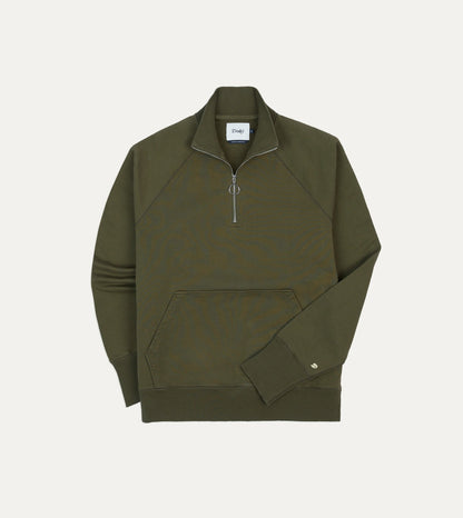 Drake's Khaki Green Cotton Quarter Zip Sweatshirt