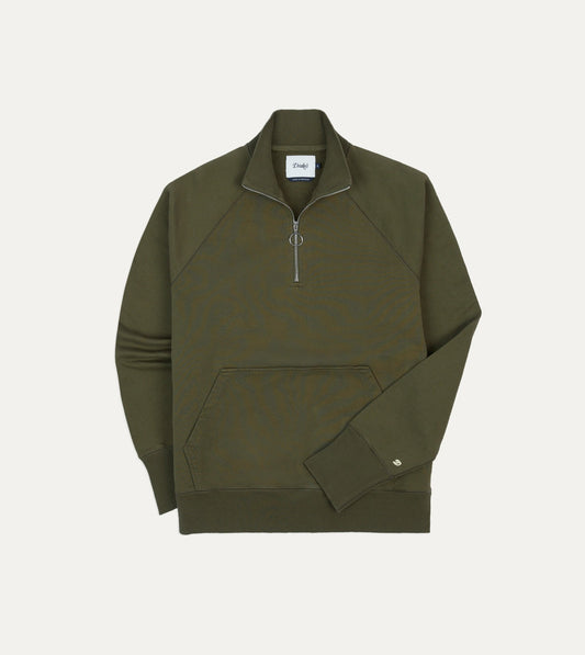 Drake's Khaki Green Cotton Quarter Zip Sweatshirt