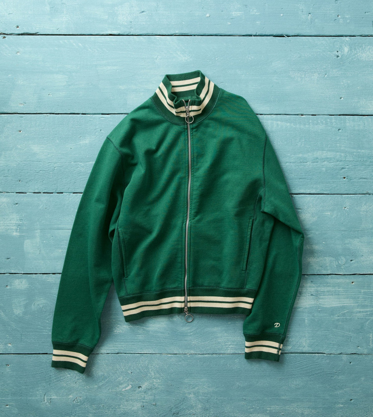 Drake's Green and Ecru Cotton Zip-Through Sweatshirt