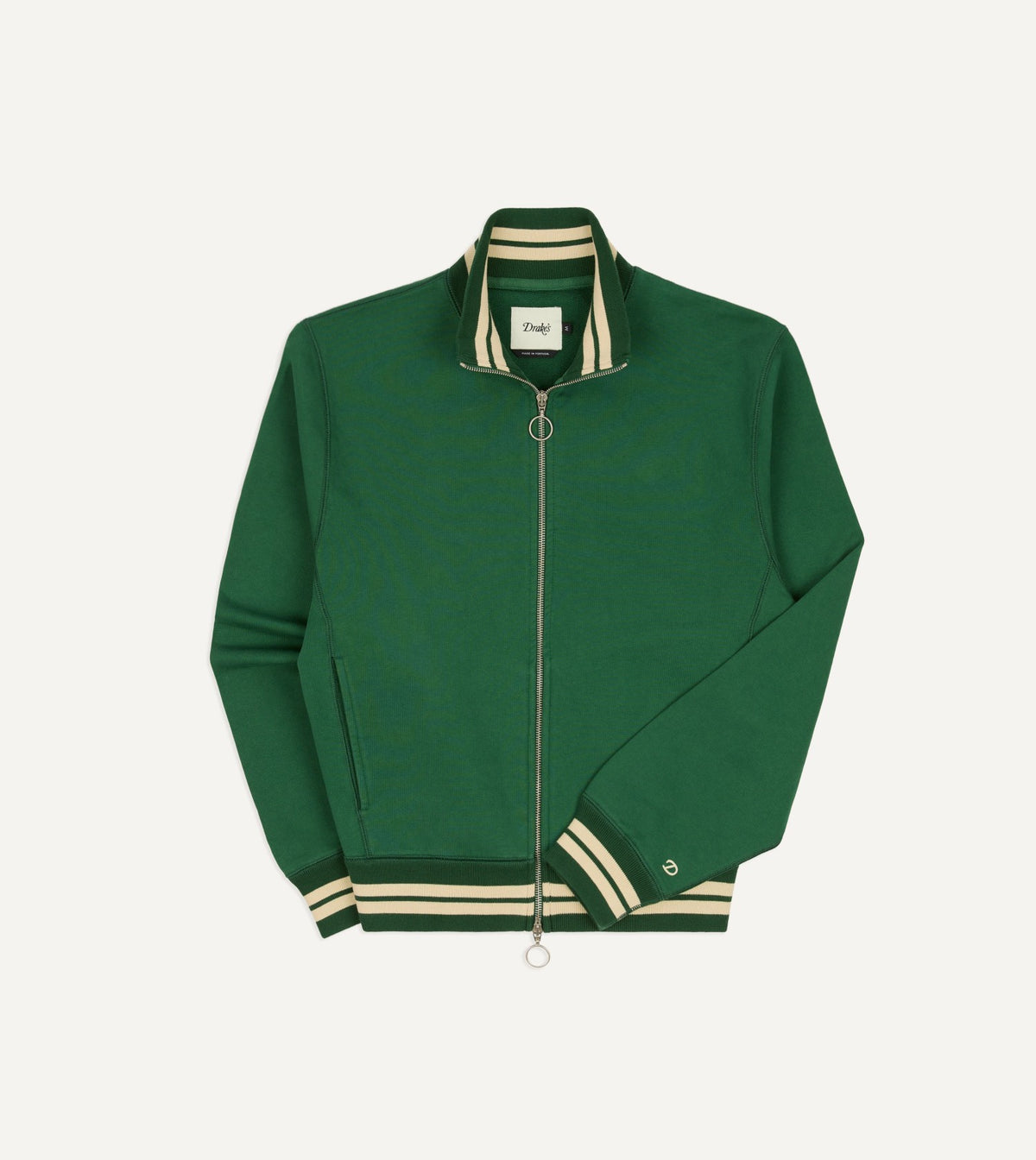 Drake's Green and Ecru Cotton Zip-Through Sweatshirt