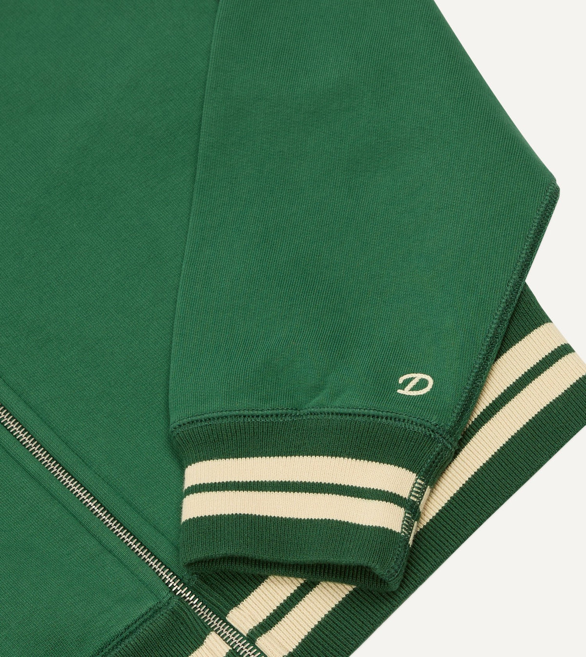 Drake's Green and Ecru Cotton Zip-Through Sweatshirt
