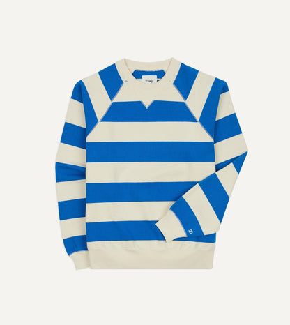 Drake's Blue and Antique White Stripe Cotton Raglan Sweatshirt