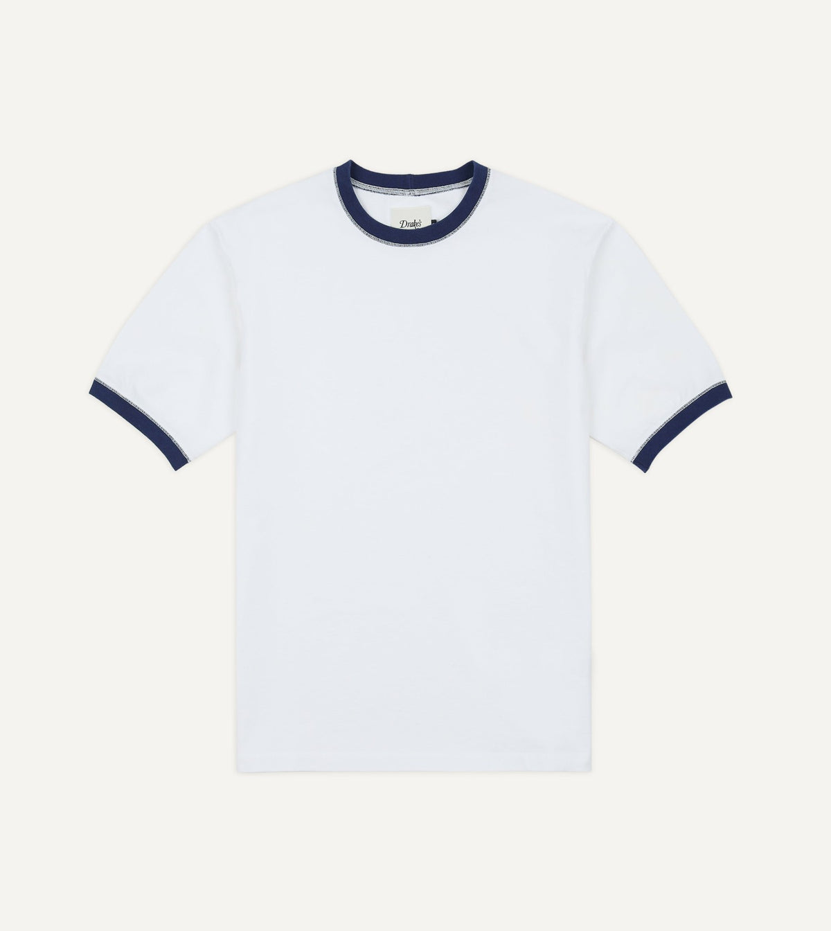 Drake's White and Navy Tipped Ringer T-Shirt
