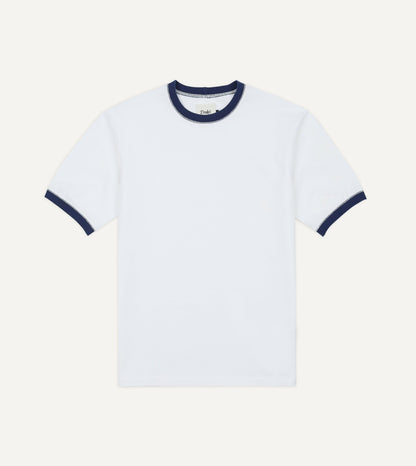 Drake's White and Navy Tipped Ringer T-Shirt