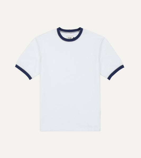 Drake's White and Navy Tipped Ringer T-Shirt
