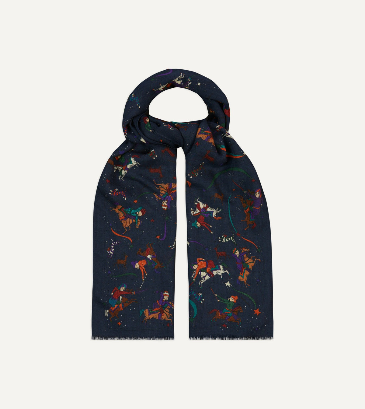Drake's Navy Mughal and Stars Print Wool Scarf