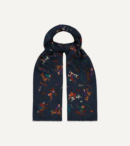 Drake's Navy Mughal and Stars Print Wool Scarf