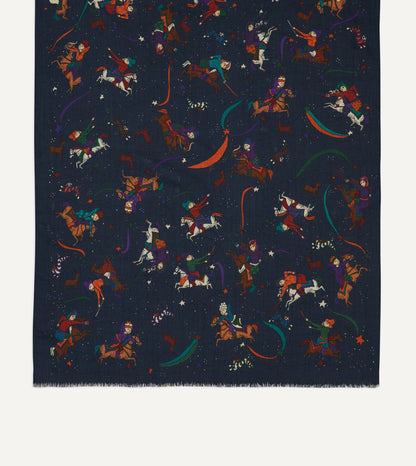 Drake's Navy Mughal and Stars Print Wool Scarf