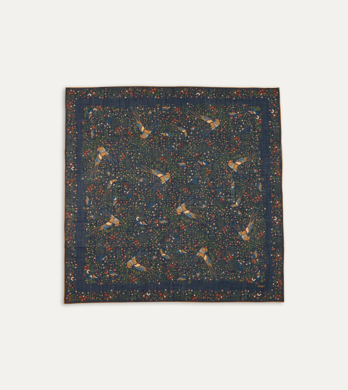 Drake's Navy Birds of Paradise Print Wool-Silk Square Scarf