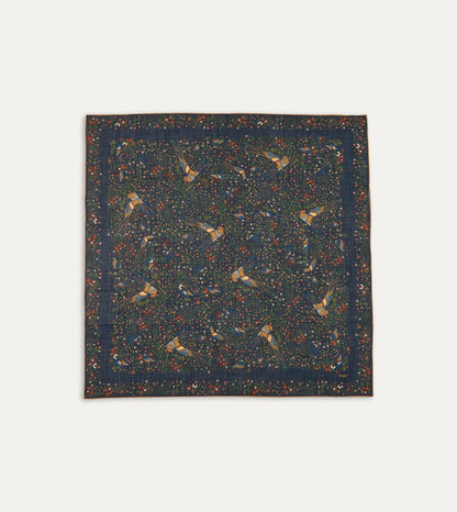 Drake's Navy Birds of Paradise Print Wool-Silk Square Scarf