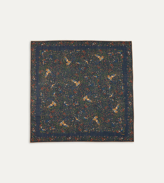 Drake's Navy Birds of Paradise Print Wool-Silk Square Scarf