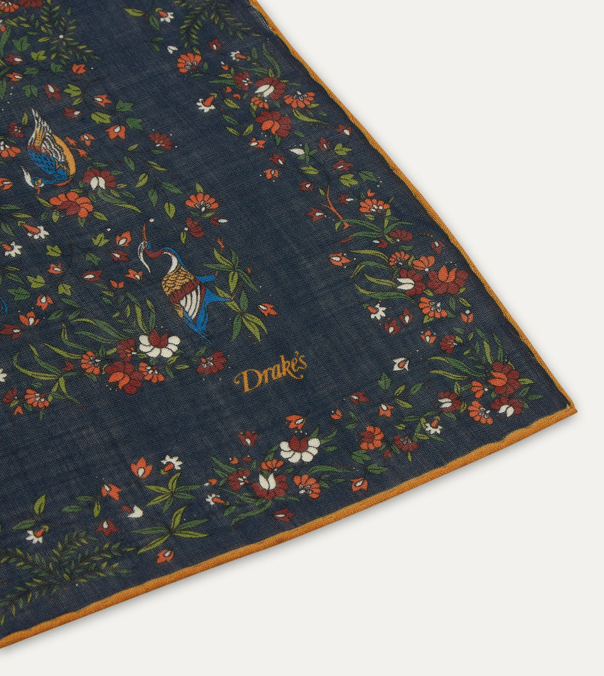 Drake's Navy Birds of Paradise Print Wool-Silk Square Scarf