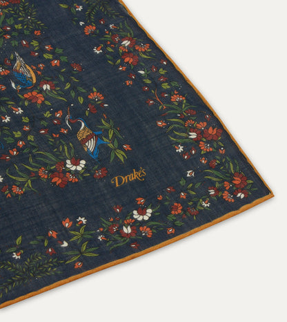 Drake's Navy Birds of Paradise Print Wool-Silk Square Scarf