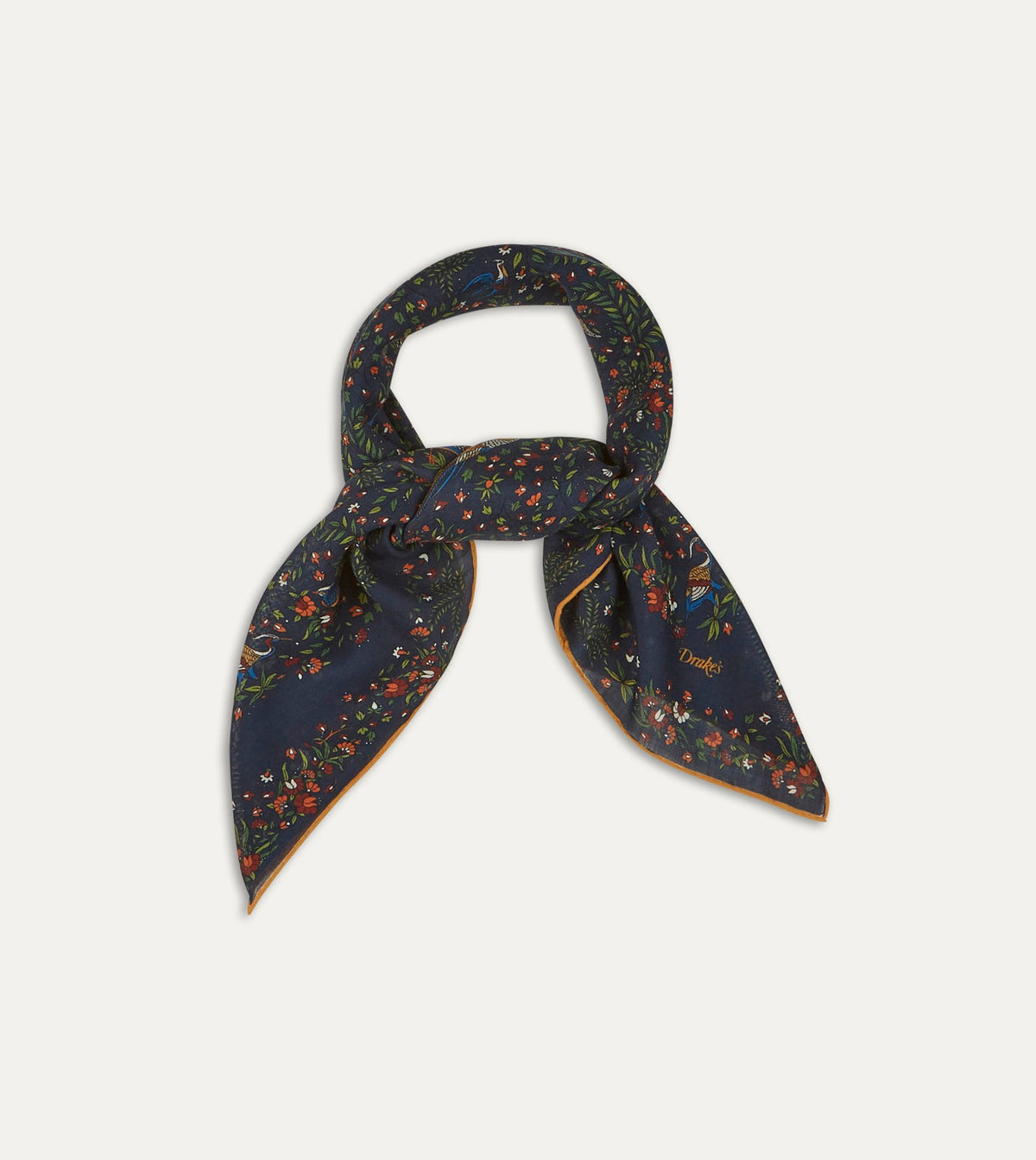 Drake's Navy Birds of Paradise Print Wool-Silk Square Scarf