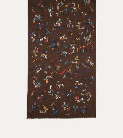 Drake's Brown Mughal and Stars Print Wool Scarf