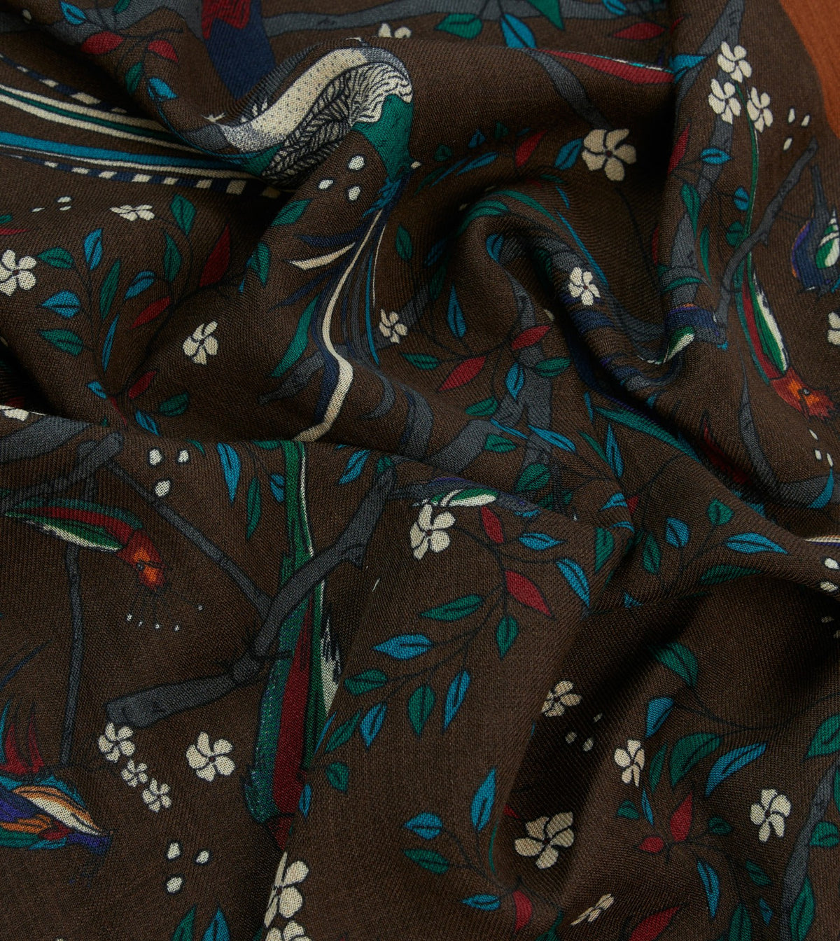Drake's Brown Birds of Paradise Print Wool Scarf