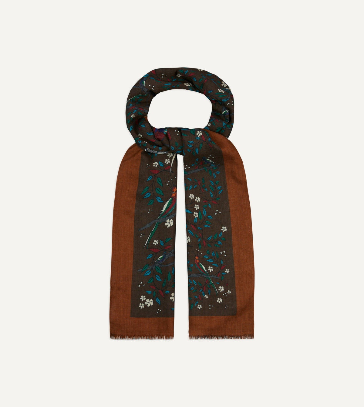 Drake's Brown Birds of Paradise Print Wool Scarf
