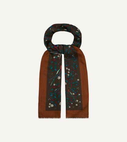 Drake's Brown Birds of Paradise Print Wool Scarf