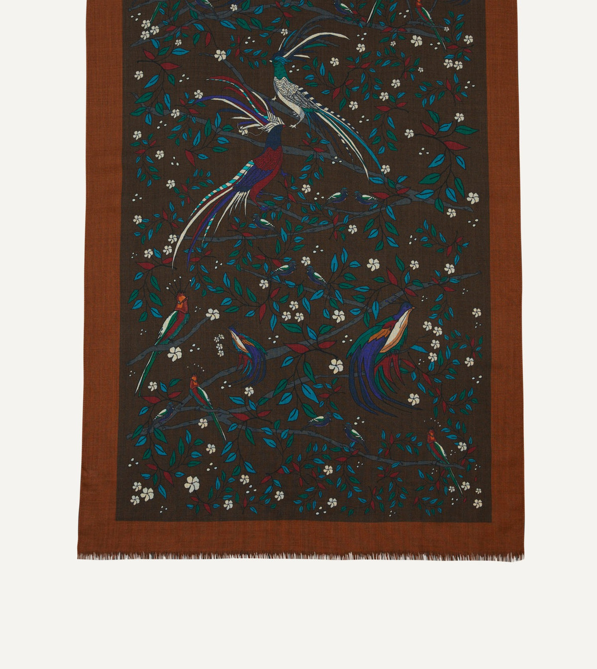 Drake's Brown Birds of Paradise Print Wool Scarf