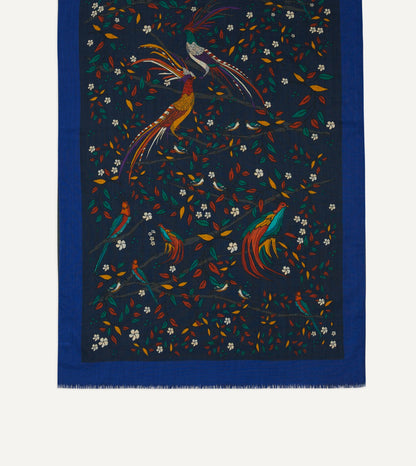 Drake's Navy Birds of Paradise Print Wool Scarf