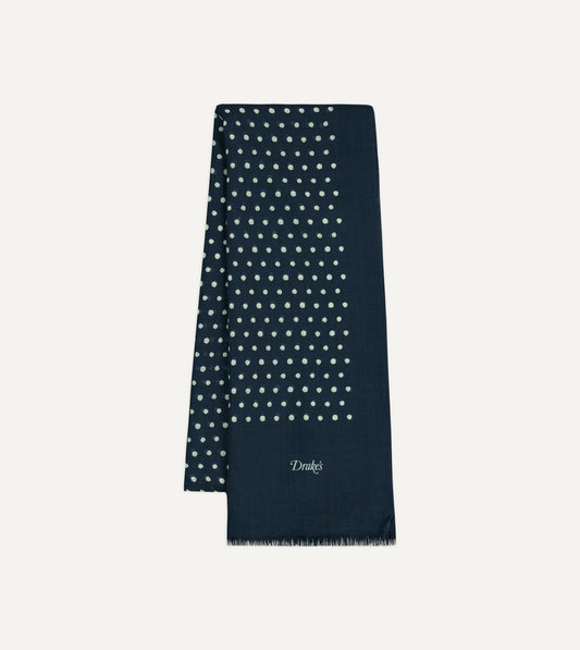 Drake's Navy Polka Dot Wool Scarf