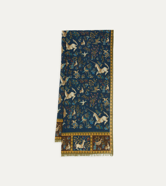 Drake's Navy Unicorn Print Wool-Silk Scarf