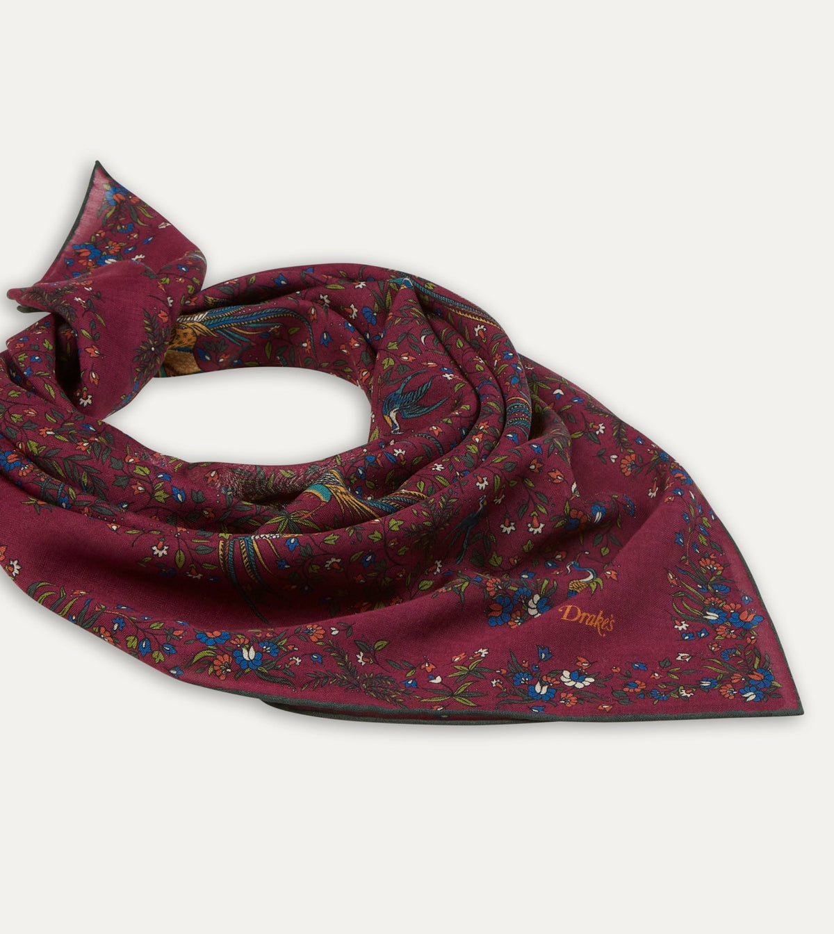 Drake's Magenta Birds of Paradise Print Wool-Silk Square Scarf